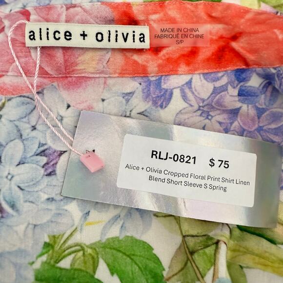 Alice + Olivia Cropped Floral Print Shirt Linen Blend Short Sleeve S Spring - Picture 7 of 7